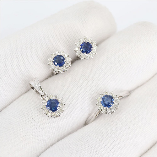 Natural Blue Sapphire Diamond Jewelry Set, 18k Solid White Gold Jewelry Set By SWARNGANGA JEWELLERS
