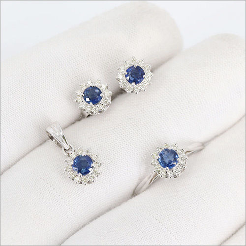 Natural Blue Sapphire Diamond Jewelry Set, 18k Solid White Gold Jewelry Set