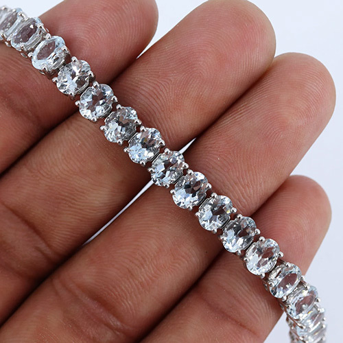 Natural Aquamarine Bracelet, Gemstone Bracelets, 925 Sterling Silver, Oval Cut Stone By SWARNGANGA JEWELLERS
