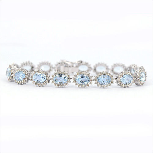 Oval Cut Aquamarine & Natural Diamond Bracelet, 925 Sterling Silver Gemstone Bracelets