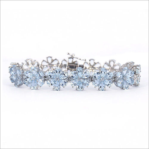 Sterling Silver Pretty Heart Shaped Aquamarine Crystal Tennis Bracelet   Franki Baker Jewellery