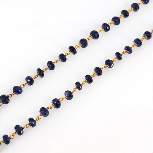 18k Solid Yellow Gold Chain-Natural Blue Sapphire Beads Chain