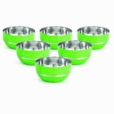 Stainless Steel Green Colored Silver Lining Bowl Set