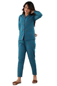 Cotton Night Suit - Cotton, Size S(36"), M(38"), L(40"), Xl(42"), Xxl(44") | Teal Color, Full Sleeves, Printed Pattern, Ideal For Year-round Comfort