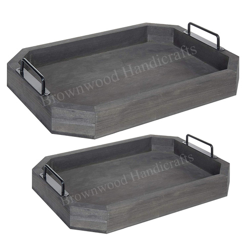 Pine Wood Serving Tray With Metal Handle Set Size: 16