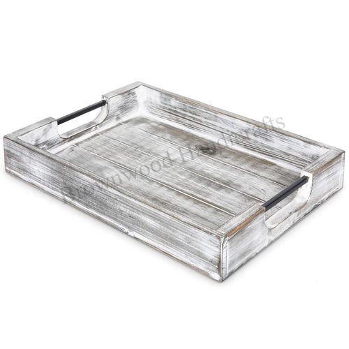 Pine Wood Serving Tray With Metal Handle Set Size: 18 X 12 X 2.5 Inch