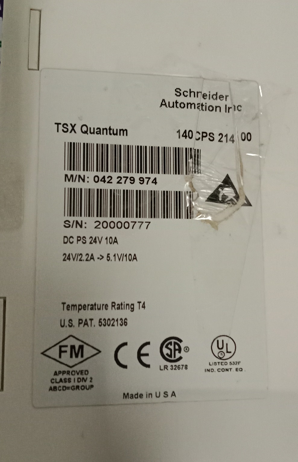 SCHENIDE POWER SUPPLY MODULE 140 CPS 214 00