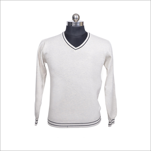 V Neck Mens White Cotton Acrylic Sweater