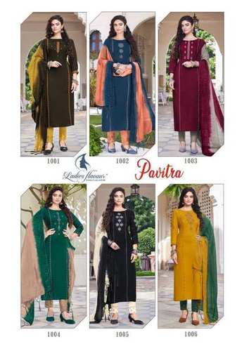 Pavitra Rayon Embroidery Kurtis With Pant Dupatta Set