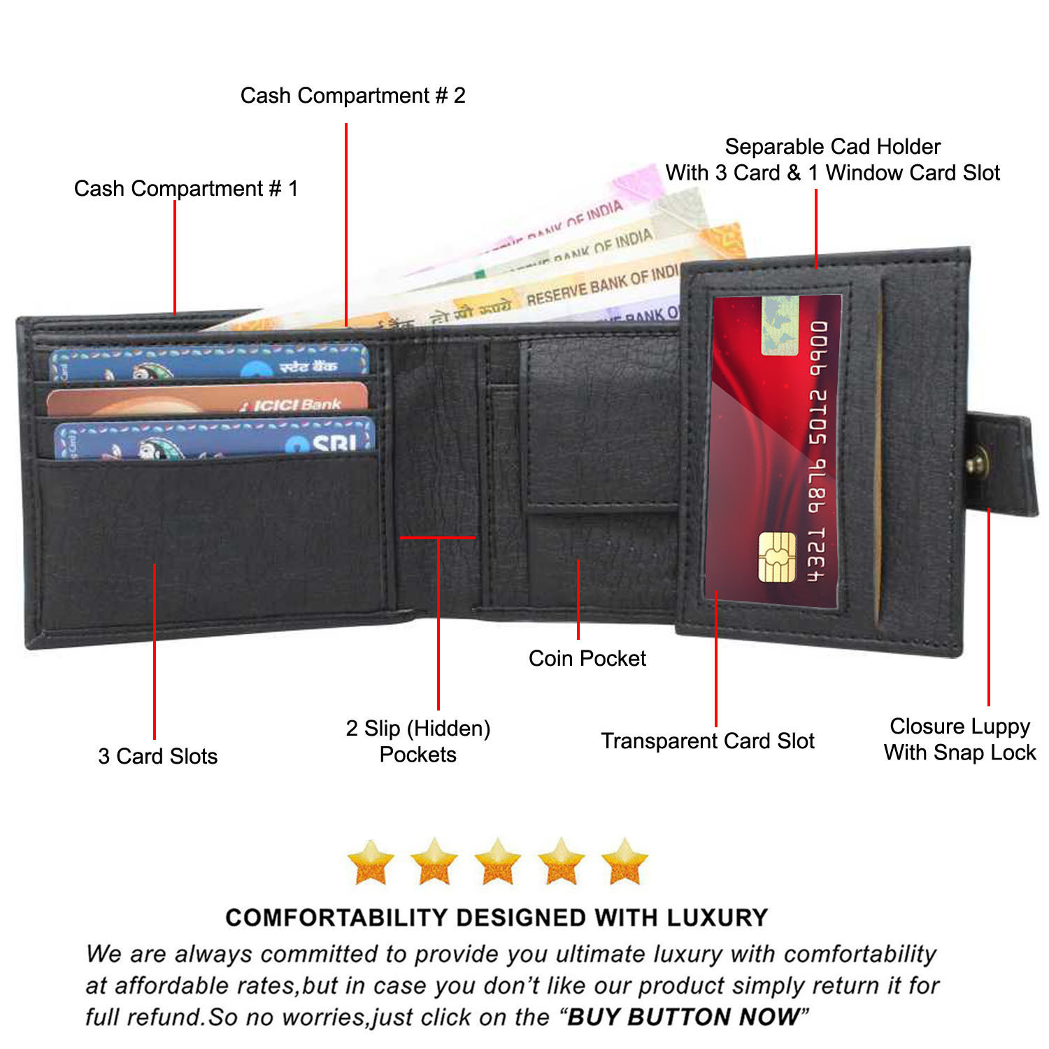 Mens Wallet PU Leather Black Bi-Fold Gents Purse