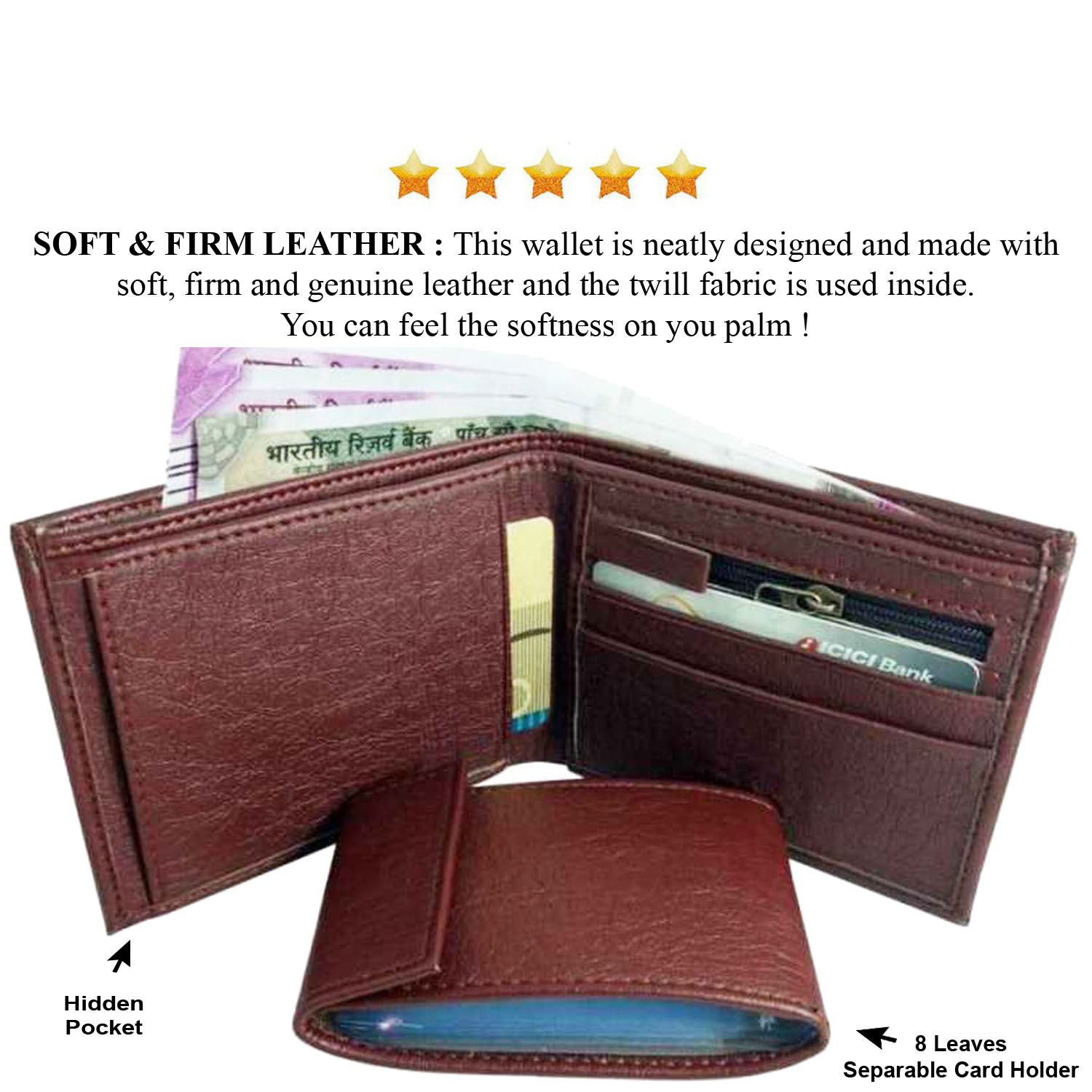Mens Wallet PU Leather Brown Bi-Fold Gents Purse