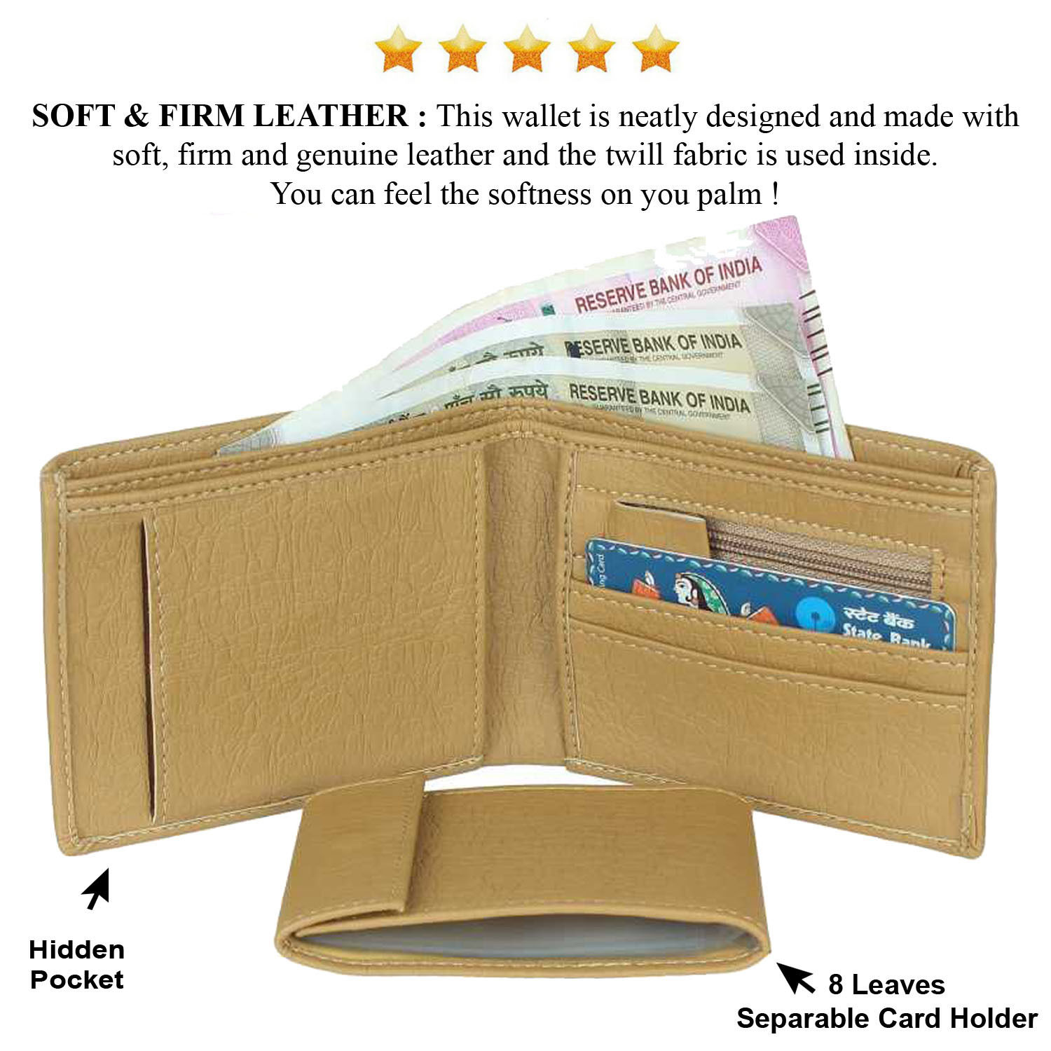 Mens Wallet PU Leather Beige Bi-Fold Gents Purse