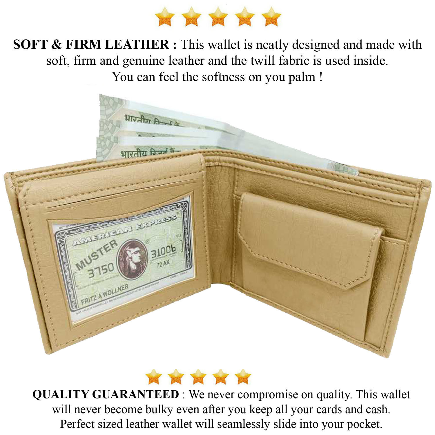 Mens Wallet PU Leather Beige Bi-Fold Gents Purse