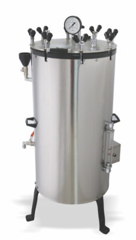 Vertical High Pressure Steam Sterilizer - Stainless Steel Triple Chamber, 15 to 20 PSI, Adjustable Lid with Double Safety Valve, Complete with Water Level Indicator and Drain Valves