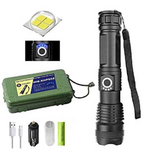 LED Bead Brand CREE (USA) / Body- Imported from China LED type & Power  XHP50.2 & 40Watt (2000 Lumen) LED Lifespan  1, 00,000 hours 5Modes High / Medium/ Low / Strobe /SOS Battery type  1x18650 Battery Switch Type  Clicky/Clickie Body color  Black Ma