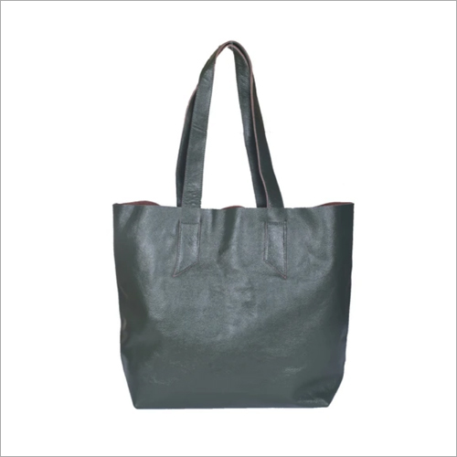 Green Genuine Leather Tote Raw Edge Shopper Bag