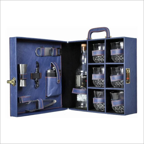 Blue Vegan Leather Large Premium Portable Bar Set With 6 Glasses