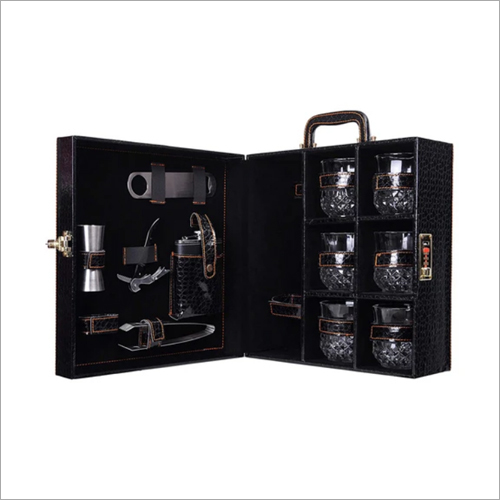 Croc Print Black Large Premium Bar Set With 6 Glasses Portable Bar Set By SAWARIYA FASHION