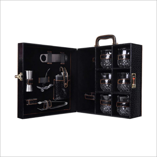 Croc Print Black Large Premium Bar Set With 6 Glasses Portable Bar Set