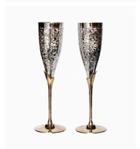 Silver Plated Wine Glass - Brass And Steel Material, Standard Size, Polished Surface Finish | Comes With Gold Plated Base And Luxurious Red Velvet Box, Heavy Weight Pair