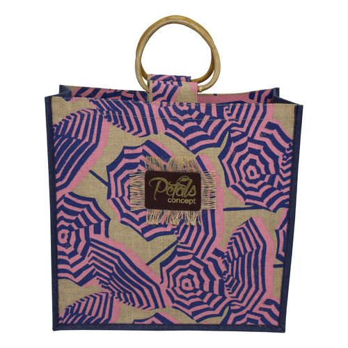 Available In All Color Umbrella Print Jute Bag With Cane Handle
