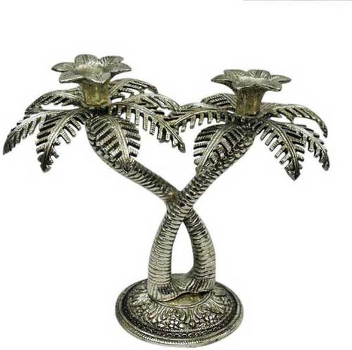 ANTIQUE BRASS DOUBLE PALM TREE CANDLE HOLDER