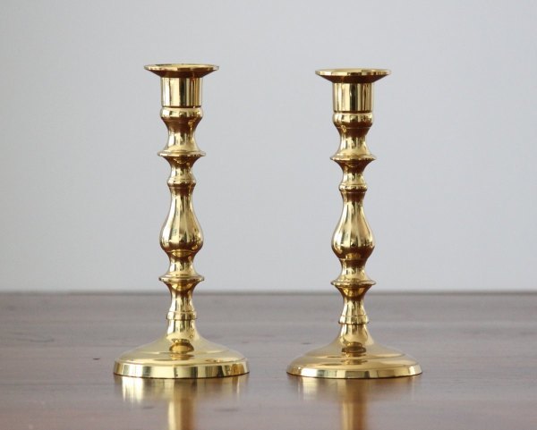 VINTAGE BRASS STONE CANDLE HOLDER SET OF TWO