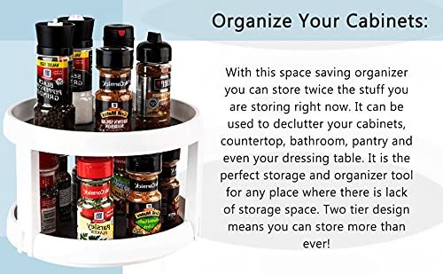 Non Skid Turntable Lazy Susan Cabinet Organizer - 2 Tier 360 Degree Rotating Spice Rack