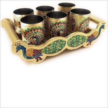 Painting Wooden Glass And Tray Set  7 Pieces Multicolour