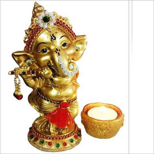 Polishing Lord Ganesha Playing Bansuri Idol With Diya For Home 9.5 Cm X 6.5 Cm X 15 Cm Gold