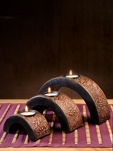 BRASS TAPER BROWN ENGRAVED CANDLE HOLDER SET OF THREE