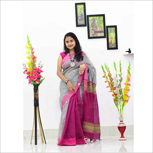 Grey And Pink Stylish Cotton Saree