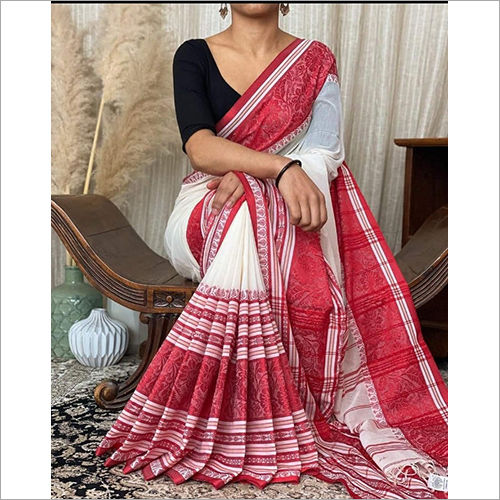 Red & White Fancy Handloom Khadi Fabric Saree