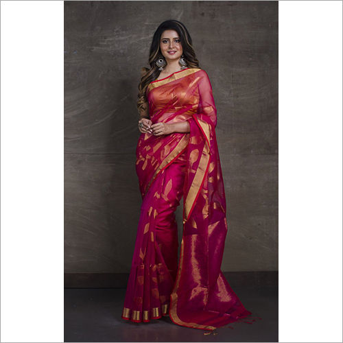 Pink Pure Handloom Muslin Jamdani Saree