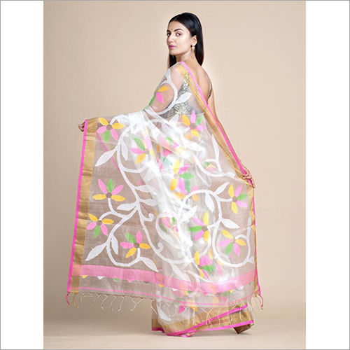 White Designer Printed Muslin Jamdani Saree