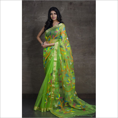 Green Floral Print Muslin Jamdani Saree