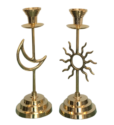 BRASS MOON AND SUN CANDLE HOLDER SET OF TWO