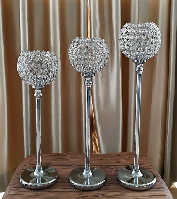 BRASS THREE DIFFERENT SIZE OF CRYSTAL AND DIAMOND CANDLE HOLDER
