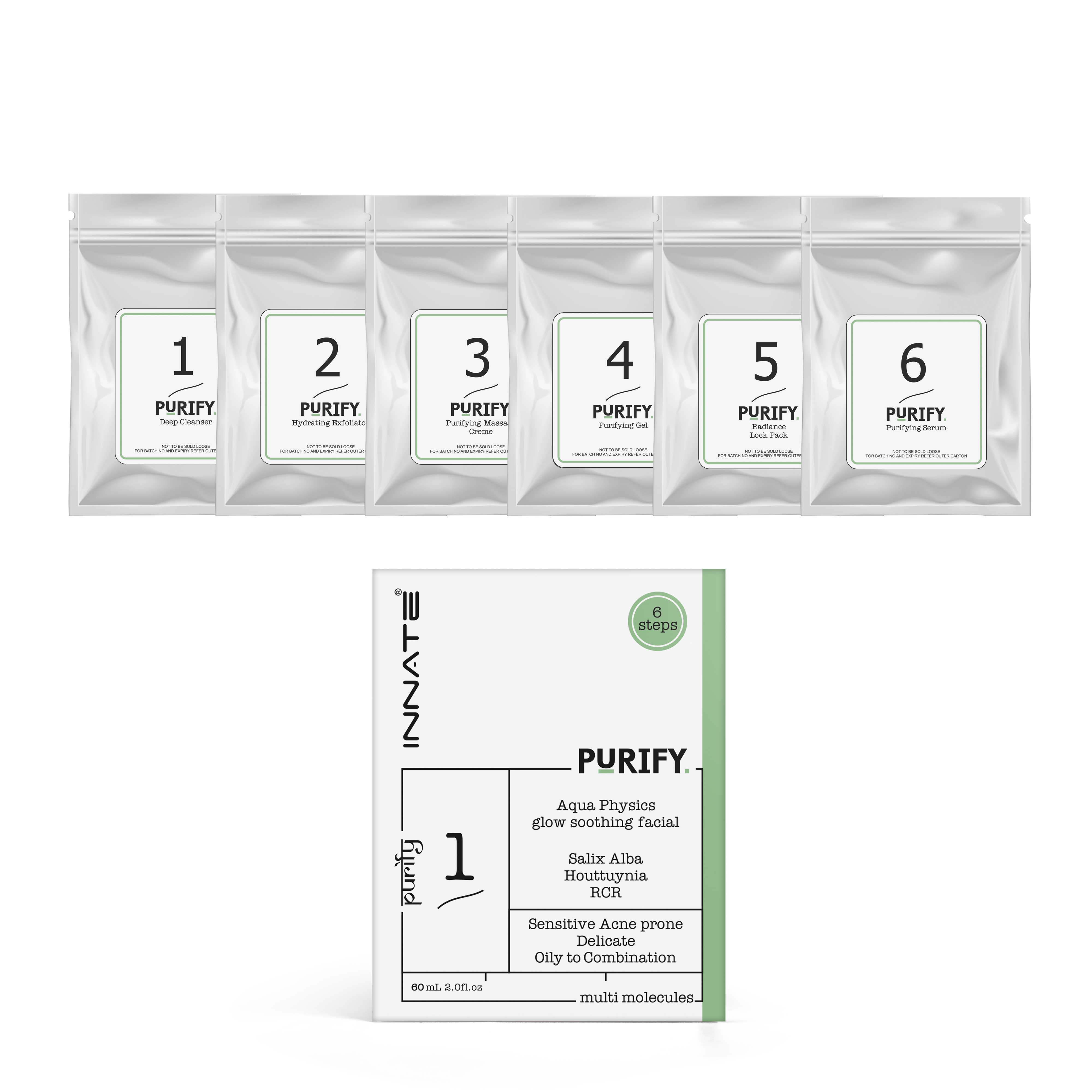 INNATE PURIFY Aqua Physics Glow Soothing Facial (Salix Alba, Houttuynia Cordata & RCR Extract) 6-Step Facial Kit 60 ml