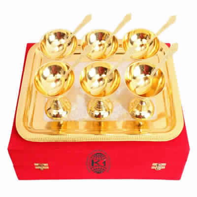 Set Of 6 Gold Polished Ice Cream Bowl Tray And 6 Gold Polished Spoon