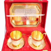 Set Of Silver Plated Gold Polished Cup Saucers With 1 Tray