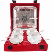 Silver Plated Designer Set Of 4 Bowl With 4 Spoon & 1 Tray