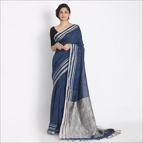 Blue Ladies Ethnic Linen Saree