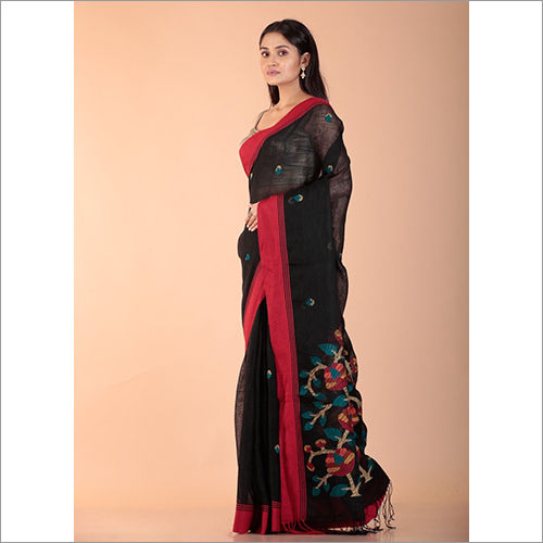 Traditional Ladies Black Linen Jamdani Saree