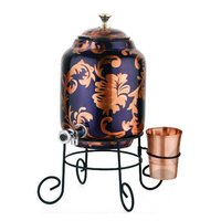 Copper Printed Water Tank With Stand - 20 Liters, Glossy Copper With Floral Print , Includes Stand And Dispenser, Cylindrical Shape