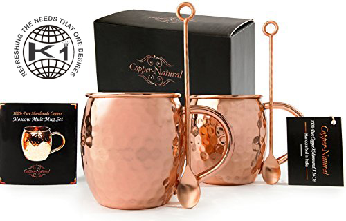 2 Copper Hammered Mule Mug And 2 Bar Spoon Set In Gift Box