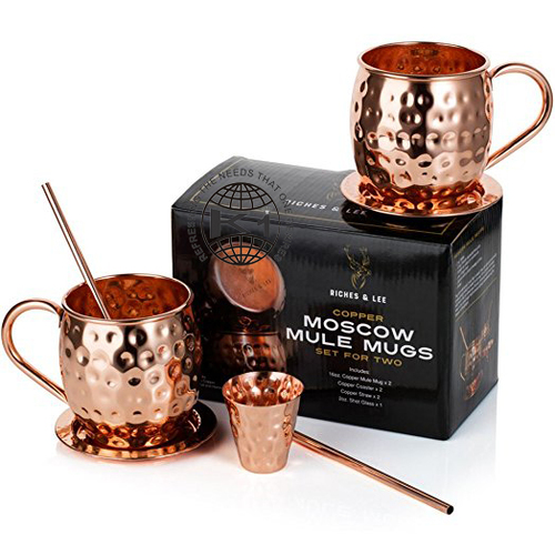 2 Copper Hammered Mule Mug And 2 Bar Straws Set And 1 Shot Glass In Gift Box