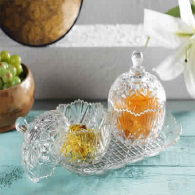 Multipurpose Decorative Designer Crystal Platter with 2 Bowls with lid and a Serving Tray By KING INTERNATIONAL