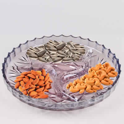 Crystal Glass Dry Fruit Serving Platter with hand cut design | Serving Bowl with diamond cut design 3 sections