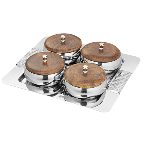 Stainless Steel Square tray With Bowl & Wooden Lid